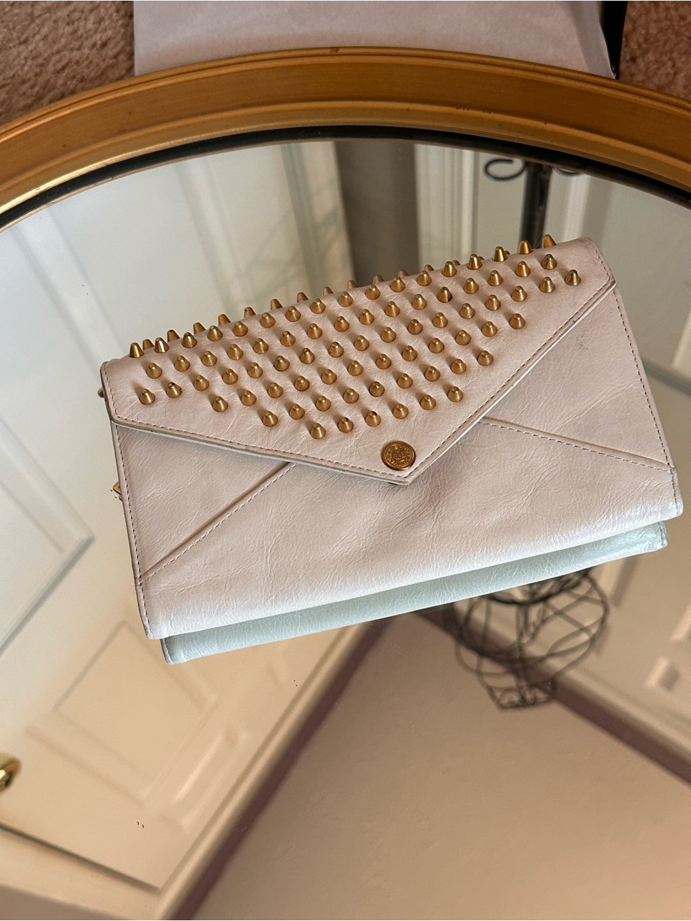 Rebecca Minkoff Studded Off White Leather Envelope Clutch with gold pyramid stud - Picture 5 of 10